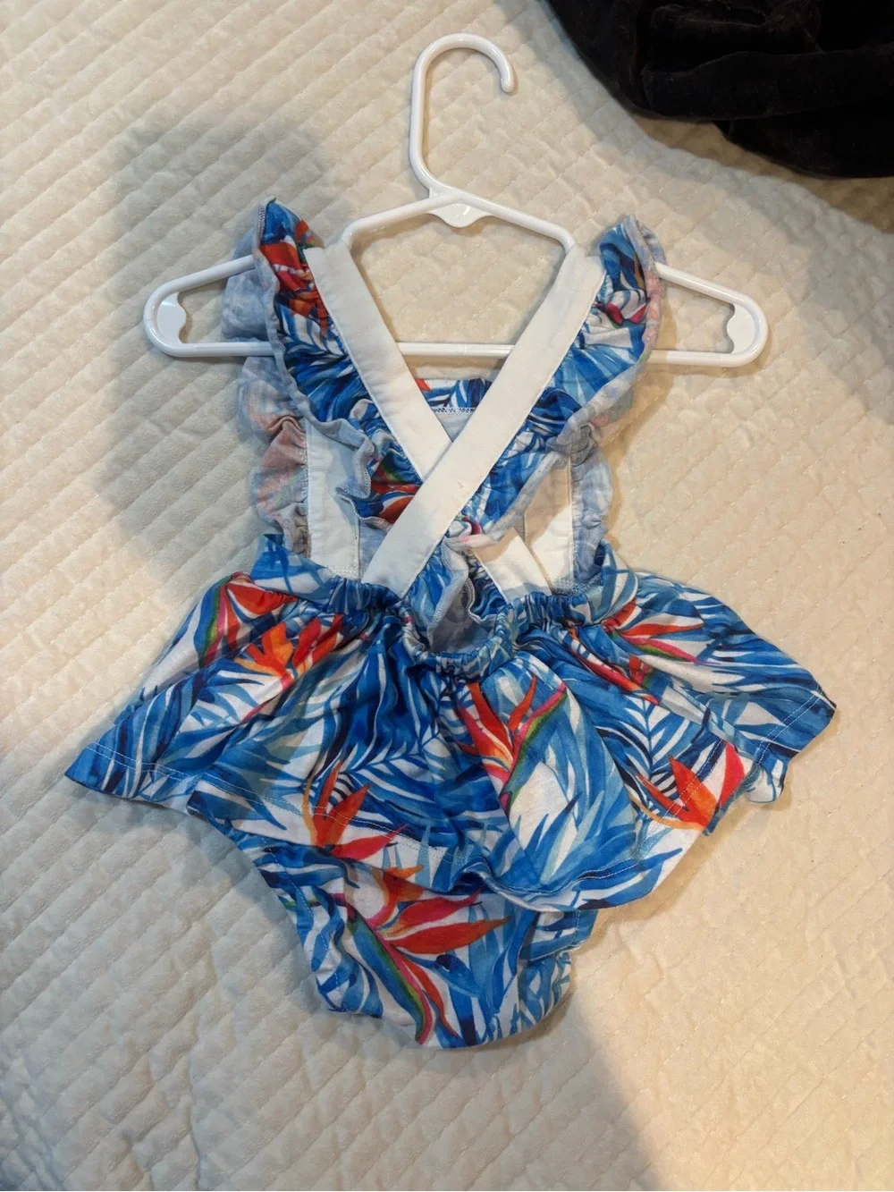 Blue Tropical Floral Baby Romper with Ruffle Straps